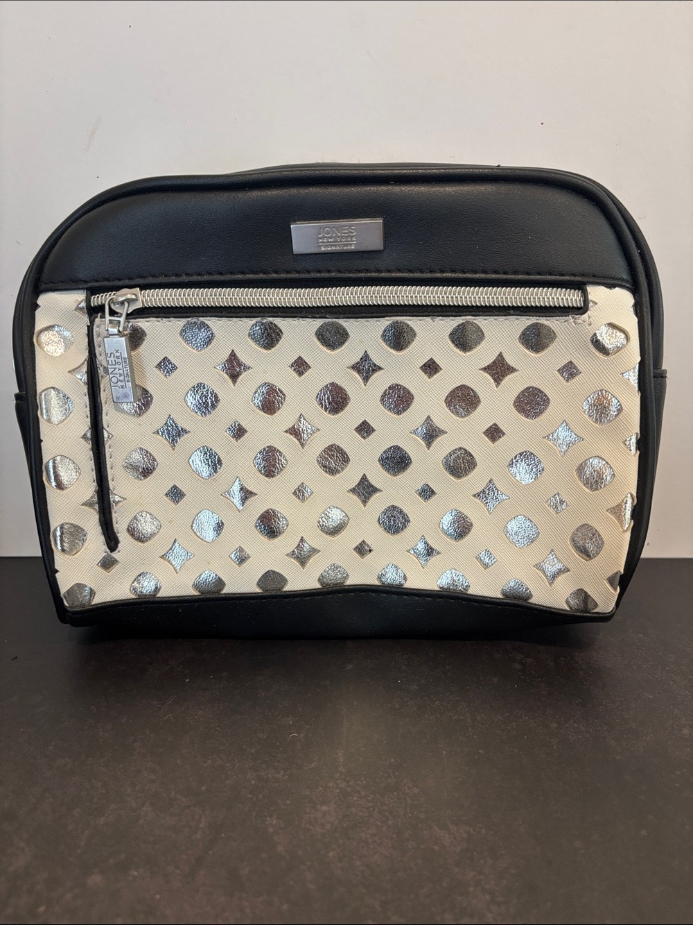 Jones New York Black and Cream Cosmetic Case with Silver Metallic Accents